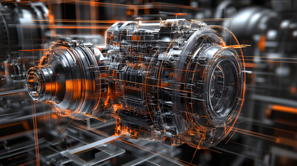 
Engineering designer design 3D CAD software program Industrial engine model mechanical dimensional digital manufacturing factory engineer computer screen. 3d rendering.