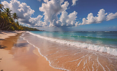 Poster - The beach is a beautiful and serene place, with a large body of water stretching out in front of it. The sky above is cloudy, creating a moody atmosphere. The water is calm