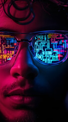 Wall Mural - computer code on hacker programmer glasses cyber information data software encryption security techn