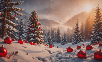 Poster - Christmas tree with red balls on it. The tree is surrounded by snow. There are many red balls scattered around the tree