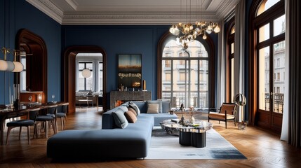 Wall Mural - Minimalist blue living room with wooden floors, modern furniture, and a chandelier.