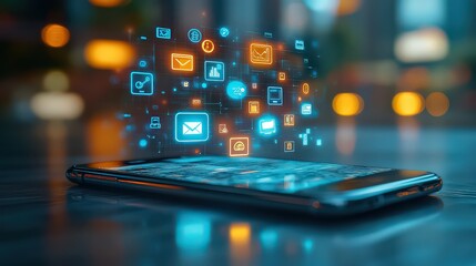 Wall Mural -  Smartphone with floating app icons symbolizes digital connectivity, innovation, and modern technology in vibrant, glowing environment.