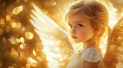 Wall Mural - serene angel with soft white wings enfolds a child in protection, surrounded by golden light, symbol