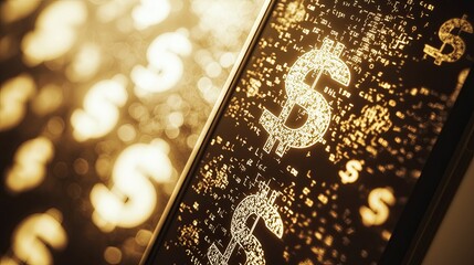 A close-up image of glittering dollar signs on a dark background, symbolizing wealth, finance, and prosperity.