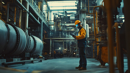 AR Concept: Industrial Engineer Uses Augmented Reality Digital Tablet to Scan Large Metal Construction, Special Effects Show Visualization / Digitalization of Oil, Gas and Fuel Transport Pipeline.