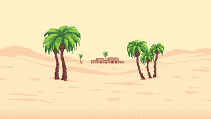 Wall Mural - pixel art game level background, building in desert, house in sand, palm trees. 8bit retro arcade ga