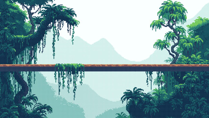 Wall Mural - pixel art game level background, tropics, bridge over jungle, thicket. 8bit retro arcade game. vecto