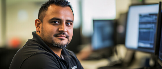 Confident Hispanic Male Software Engineer Working at Computer