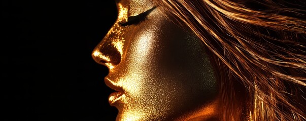 Wall Mural - Women with gold face make-up, long hair on black background. Golden glowing skin and fluttering hair. Metallic finish fashion art portrait, hairstyle. Fashion art design.