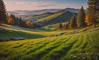 Fototapete - Grassy field with a few trees in the background. The grass is green and the sky is blue