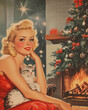 © AISTEL - 1950s ad-style poster of a blonde woman with her cat by a Christmas tree in a cozy living room with a fireplace