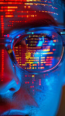 Wall Mural - binary computer code on programmer eyeglasses cyber information digital software security technology