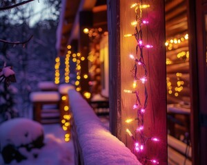 Wall Mural - Winter lodge retreat with vibrant lights, soft lighting, cozy cabin setting