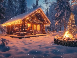 Wall Mural - Winter vacation cabin with vibrant lighting, cozy fireside, soft glow