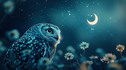 Wall Mural -   An owl perches amidst daisies under a half moon