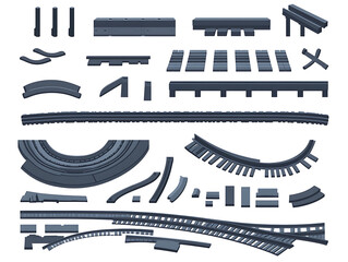 Aufkleber - Illustration of curved railroad isolated on white background, straight and curved railway train track icon set, perspective view railroad train pathes
