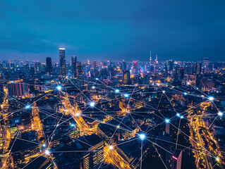 Poster - Illustration of a smart city at night, application development concept, smart city, internet of things, smart life, information technology, gradient grid line, metaverse connection technology concept