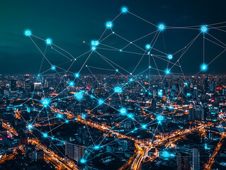 Poster - Illustration of a smart city at night, application development concept, smart city, internet of things, smart life, information technology, gradient grid line, metaverse connection technology concept