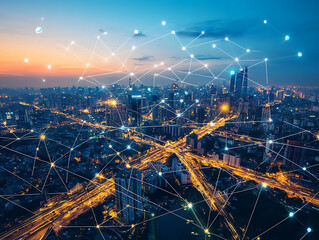 Poster - Illustration of a smart city at night, application development concept, smart city, internet of things, smart life, information technology, gradient grid line, metaverse connection technology concept