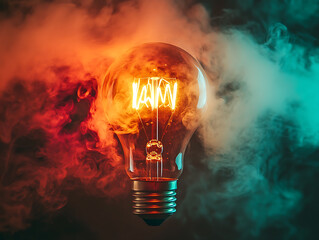 Poster - Incandescent light bulb with colorful smoke on black background