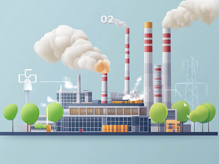 Wall Mural - Industrial power plant with thick co2 smoke from chimney, pollution and carbon dioxide emissions footprint from fossil fuel burning, global warming cause and urban environment problem from factories