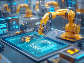 Poster - Industry 4, 0 smart factory interior showcases advanced automation, machinery, and robotics in a futuristic industrial setting, innovation, engineering, and interconnected systems