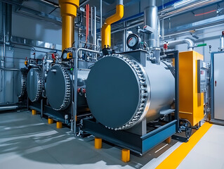 Leinwandbilder - Interior of modern industrial boiler room with large metal tanks and pipes at industry factory