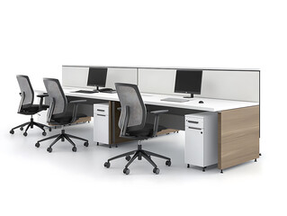 Poster - Modern office space with desks and chairs on the left, blank white wall for mockups on the right