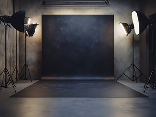 Leinwandbilder - Modern photo studio with dark background, professional lighting, and sleek flooring, high-end photography environment