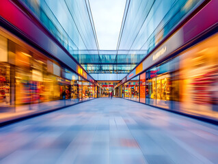 Poster - Motion blur background of a shopping center with window shops and glass