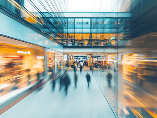 Poster - Motion blur background of a shopping center with window shops and glass
