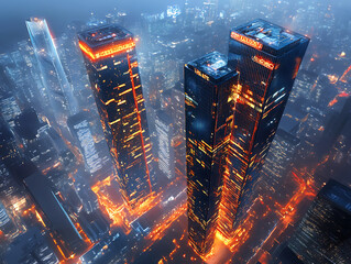 Poster - Neon mega city capital towers with futuristic technology background, future modern building virtual reality, night life style concept