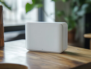 Poster - New white wi-fi router on wooden table indoors