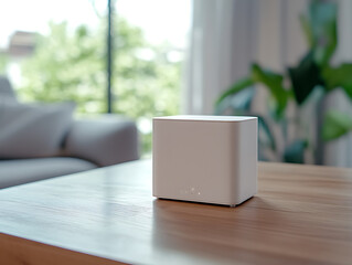 Poster - New white wi-fi router on wooden table indoors