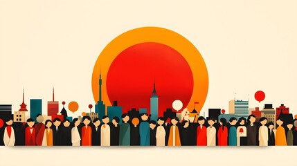 A vibrant illustration of a multicultural crowd celebrating together, each character in a unique outfit, set against a sunny cityscape, bold cheerful colors