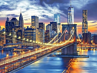 Poster - Oil painting on canvas, new york city , beautiful bridge manhattan with manhattan and brooklyn bridge, usa