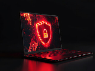 Aufkleber - Open laptop displaying a bright red shield with padlock, symbolizing online security and data protection