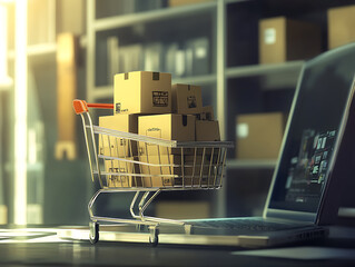 Poster - Online shopping concept with cart full of boxes on top of laptop computer