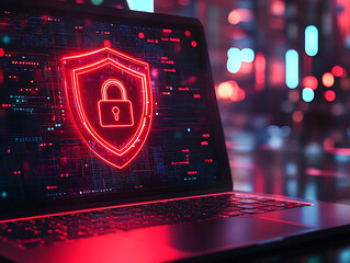 Poster - Open laptop displaying a bright red shield with padlock, symbolizing online security and data protection