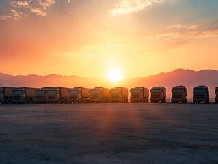 Poster - Parked trucks in front of bright sunrise