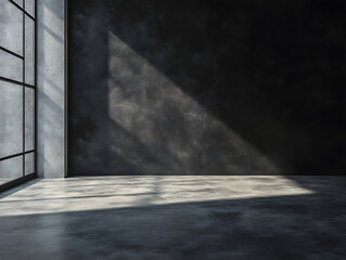 Wall Mural - photo studio with black backdrop, professional lighting, concrete flooring, dark atmosphere photogra