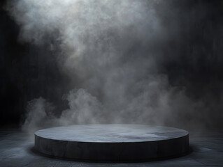 Fototapete - Podium black dark smoke background product platform abstract stage texture fog spotlight, dark black floor podium dramatic empty night room table concrete wall scene place display studio smoky dust