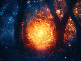Fototapete - Portal in the universe with a fiery glow around, contours of dark trees