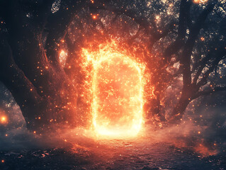 Fototapete - Portal in the universe with a fiery glow around, contours of dark trees