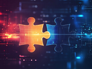 Poster - Digital representation of api integration concept with interlocking puzzle pieces against a futuristic tech-inspired abstract background, symbolizing connectivity and interoperability