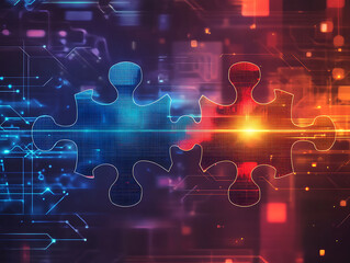 Leinwandbilder - Digital representation of api integration concept with interlocking puzzle pieces against a futuristic tech-inspired abstract background, symbolizing connectivity and interoperability