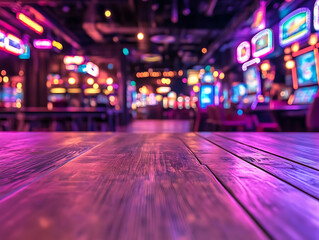 Aufkleber - Empty wood table top on abstract blurred game center shop and nightclub lights background