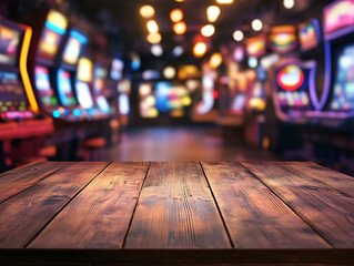 Aufkleber - Empty wood table top on abstract blurred game center shop and nightclub lights background