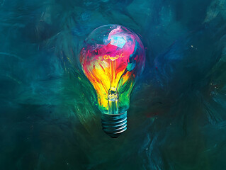 Aufkleber - Eureka moment of creative inspiration concept with liquid paint merging into a colorful lightbulb on dark green background