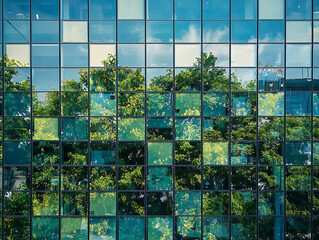 Poster - Exemplifying the esg , environmental, social, governance concept, a corporate glass building facade reflects green trees, importance of integrating sustainability into business practice